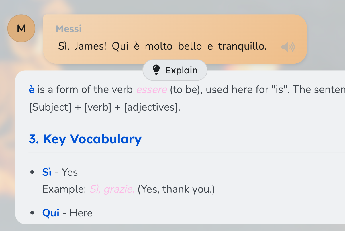 Learning tools interface showing real-time corrections, translations, and explanations
