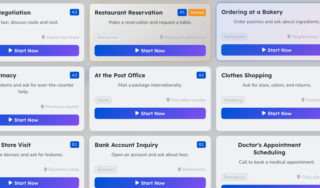 Scenario library showing 100+ pre-built scenarios across multiple categories